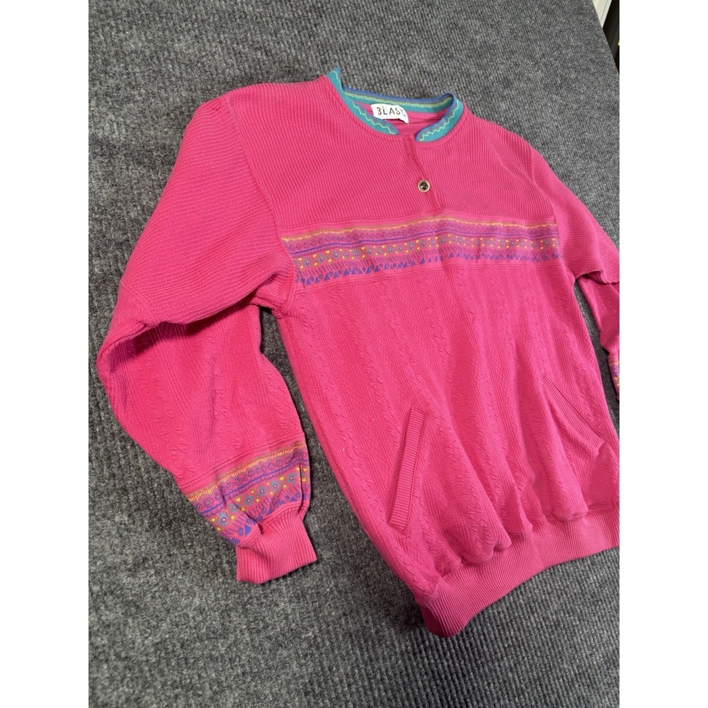 Vintage 80's BLAST Pink Blue Yellow Purple‎ Geometric Cable Knit Sweater M